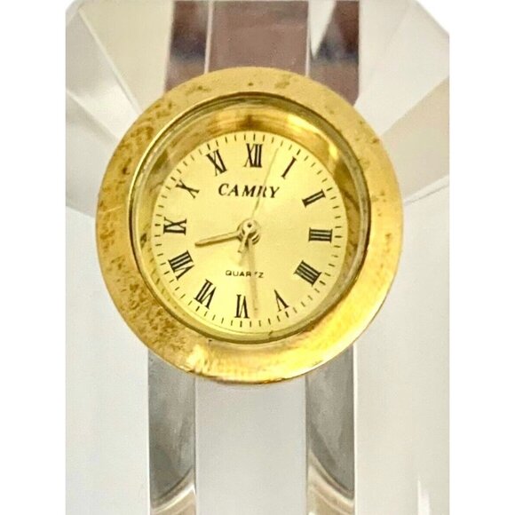 Desk Clock Crystal Cut Glass Paperweight Camry Gold Tone Triangular Column Shape - Picture 4 of 6